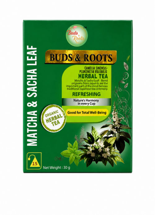 Buds & Roots Matcha & Sacha Leaf Herbal Tea 30g with Camellia sinensis and Plukenetia volubilis, 15 tea bags, displayed on a clean white background.