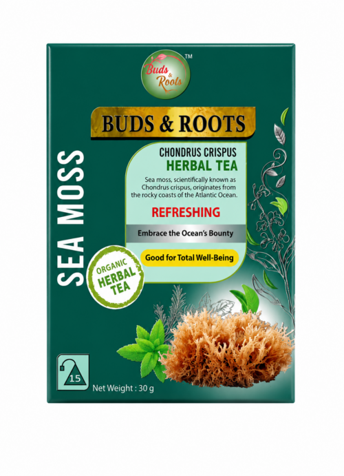 Buds & Roots Sea Moss Herbal Tea 30g with Chondrus crispus (Sea Moss), 15 tea bags, displayed on a clean white background.