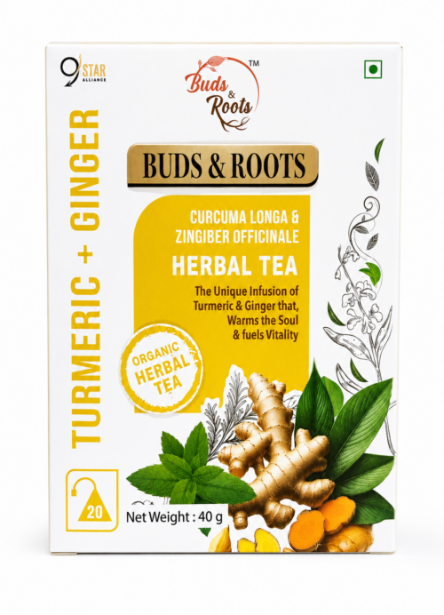 Buds & Roots Turmeric + Ginger Herbal Tea 40g box with organic turmeric and ginger infusion on a clean white background.