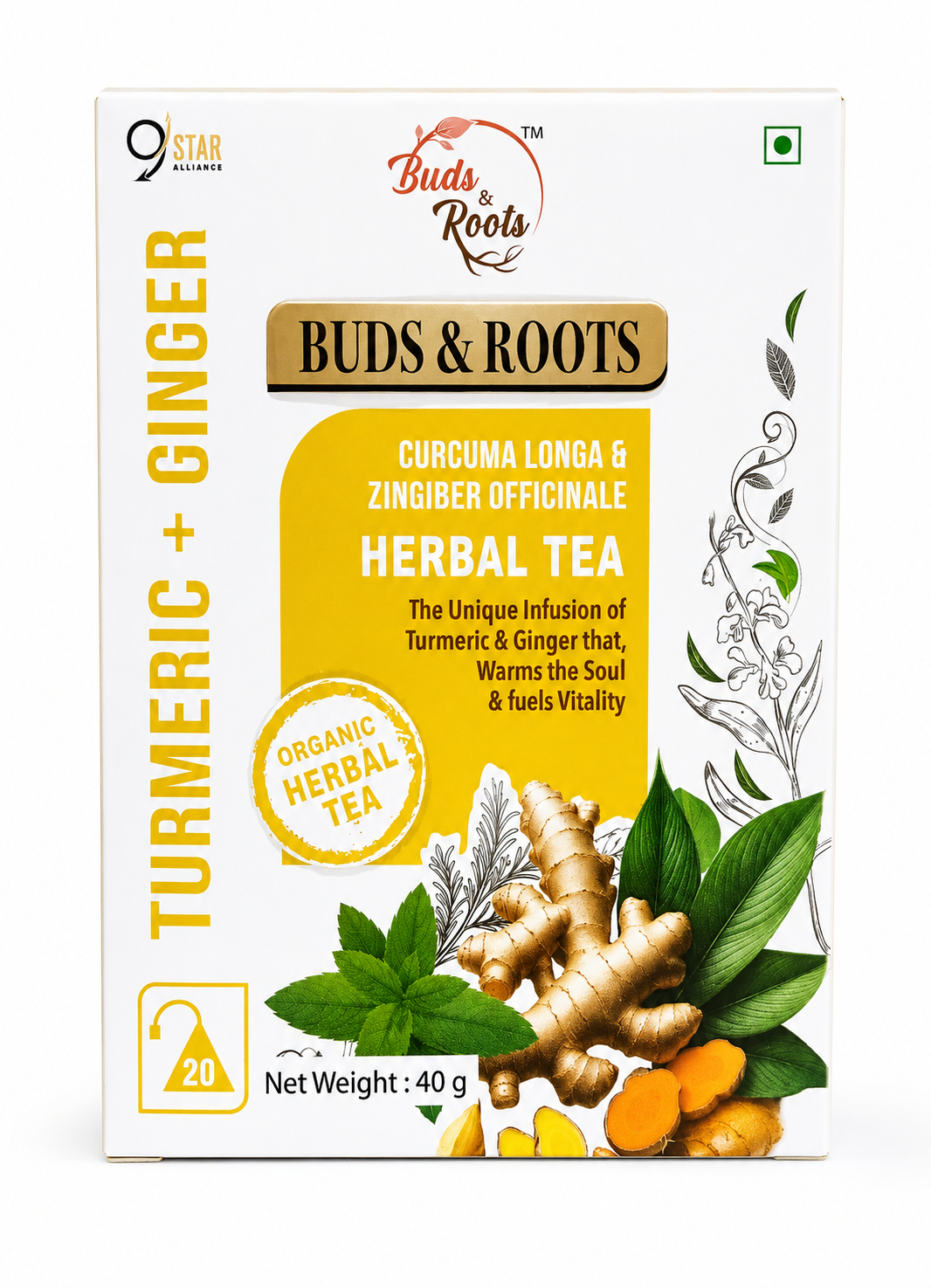 Buds & Roots Turmeric + Ginger Herbal Tea 40g box with organic turmeric and ginger infusion on a clean white background.